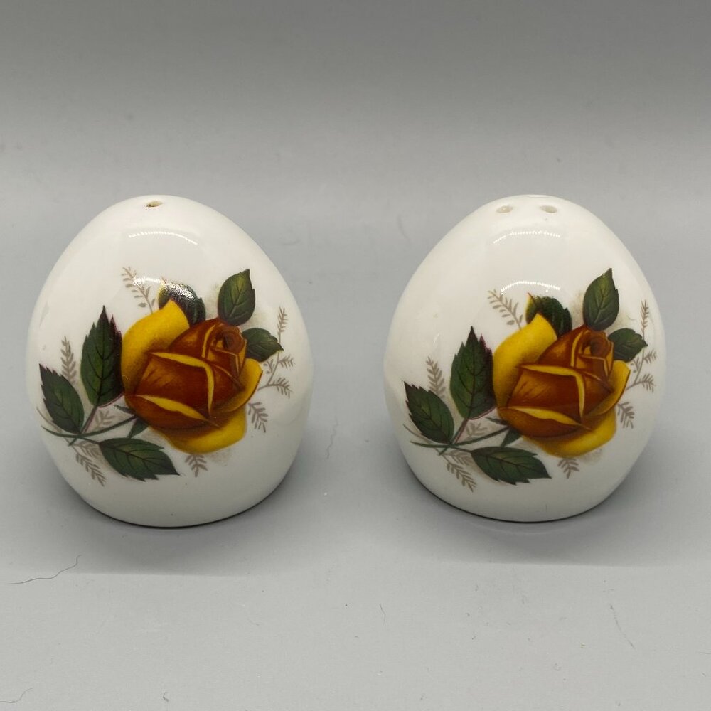 Royal Sanford Fine China Egg Shape Salt Pepper Shakers Yellow Rose
